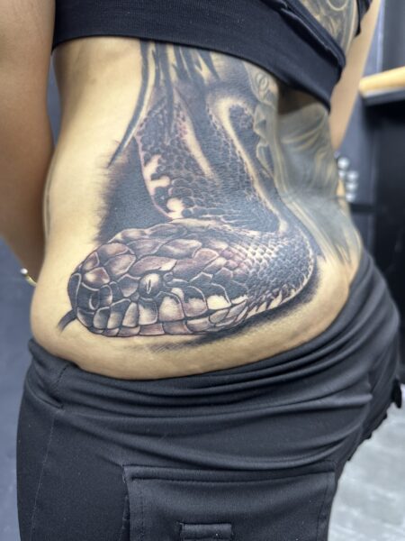 Serpent en noir et gris sur le flanc et la hanche