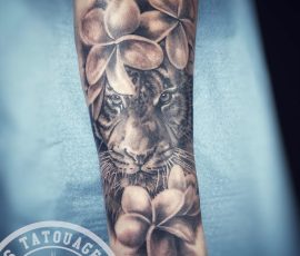 Lion et frangipaniers en noir et gris sur l'avant-bras