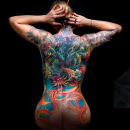Photographie d'atelier, dos entièrement tatoué en couleur