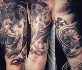 Manche, loup et montre à gousset en noir et gris