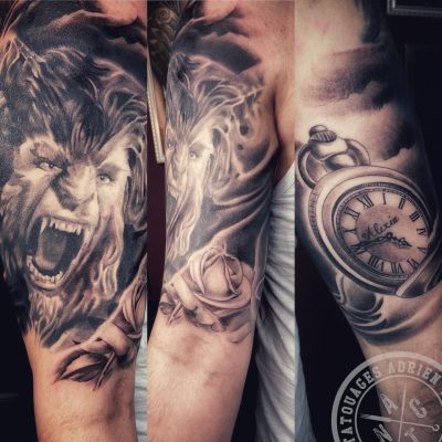 Manche, loup et montre à gousset en noir et gris