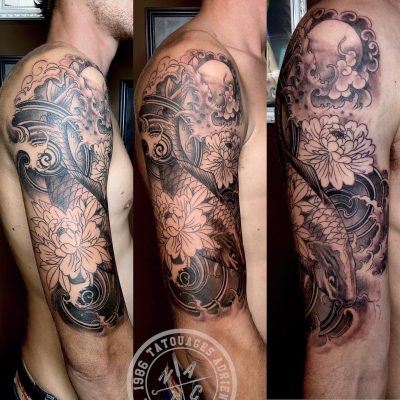 Manche japonaise, fleurs et carpe en noir et gris