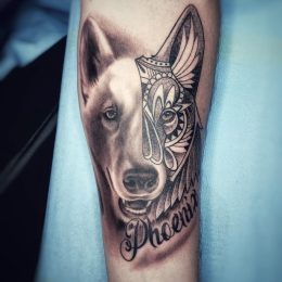 Portrait de chien et lettrage en noir et gris sur le bras