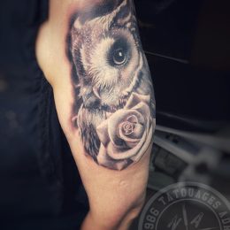 Hibou et rose en noir et gris sur le bras