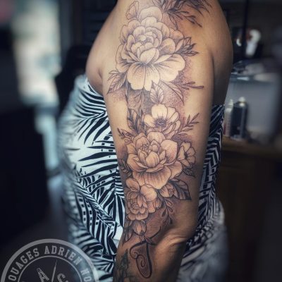 Manche florale et feuillages en noir et gris