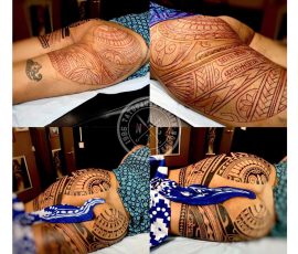 Motif polynésien en cours sur la cuisse, plusieurs vues