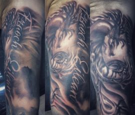 Manche, lettrage et composition en noir et gris