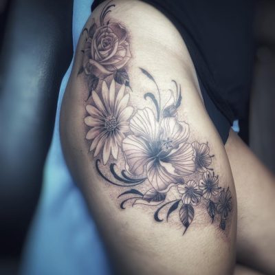 Fleurs et hibiscus en noir et gris sur la hanche