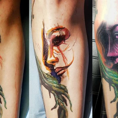 Portrait de femme en couleur avec coulures vertes sur le bras
