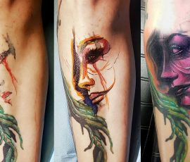 Portrait de femme en couleur avec coulures vertes sur le bras