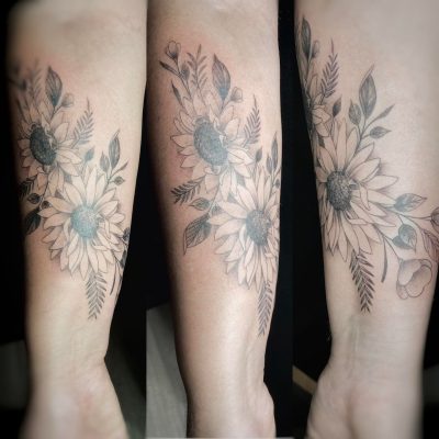 Tournesols en fin trait sur la jambe, plusieurs vues
