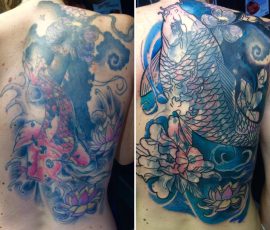 Dos complet, carpes koï et lotus en couleur bleue