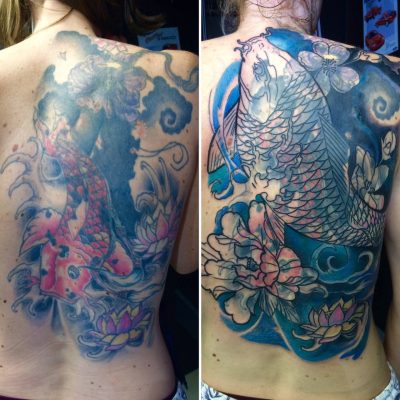 Dos complet, carpes koï et lotus en couleur bleue