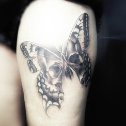 Papillon en noir et gris sur la cuisse
