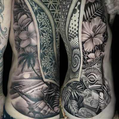 Dos polynésien complet, palmiers et hibiscus, deux vues