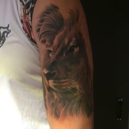 Tête de loup en noir et gris sur l'épaule