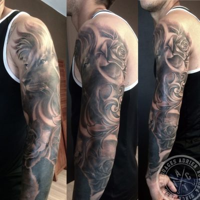 Manche complète, loup et roses en noir et gris