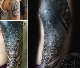 Manche ornementale et lion en noir et gris