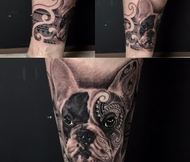 Portrait de bouledogue et ornements en noir et gris
