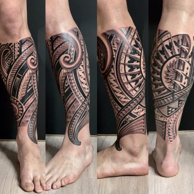 Manche de jambe polynésienne en noir et gris, plusieurs vues