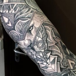 Manche ornementale et loup en noir et gris