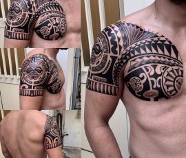 Pectoral et épaule en motif polynésien noir et gris
