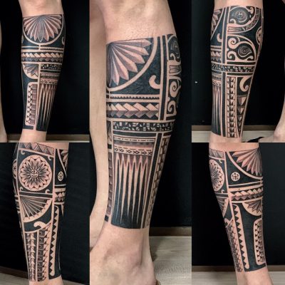 Jambe polynésienne en noir et gris, motifs en éventail, quatre vues