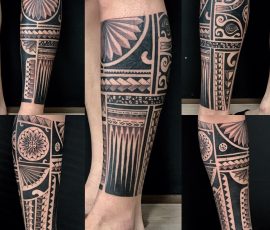 Jambe polynésienne en noir et gris, motifs en éventail, quatre vues