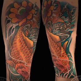 Manche de jambe japonaise, carpe koï et lotus en couleur