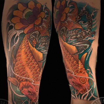 Manche de jambe japonaise, carpe koï et lotus en couleur