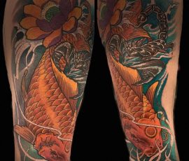 Manche de jambe japonaise, carpe koï et lotus en couleur