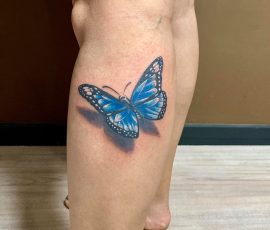 Papillon bleu en couleur sur le mollet
