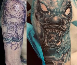 Masque hannya en noir et gris sur le bras, avant et après