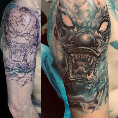 Masque hannya en noir et gris sur le bras, avant et après
