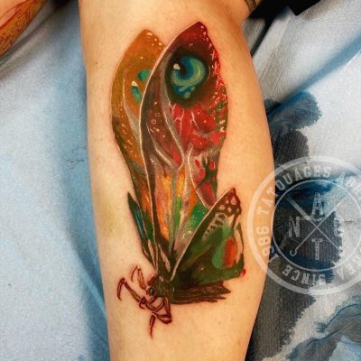 Plume et œil en couleur sur le bras