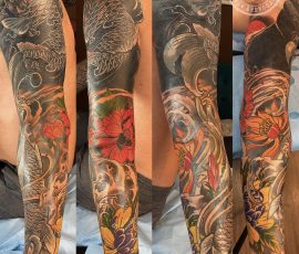 Manche japonaise en couleur, fleurs et motifs orangés