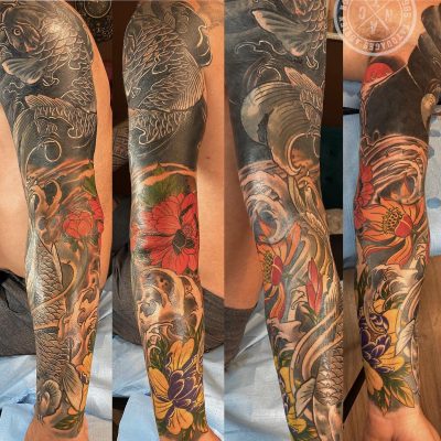 Manche japonaise en couleur, fleurs et motifs orangés