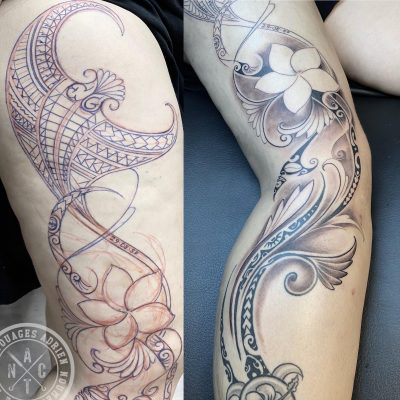 Motif polynésien et frangipaniers en fin trait sur la jambe