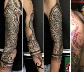 Manche ornementale et mandalas en noir et gris, plusieurs vues