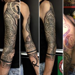 Manche ornementale et mandalas en noir et gris, plusieurs vues