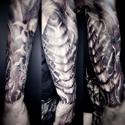 Manche en noir et gris, ailes et armure, trois vues