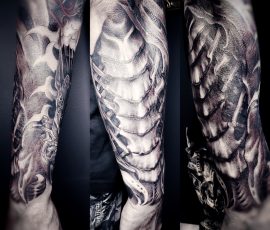Manche en noir et gris, ailes et armure, trois vues