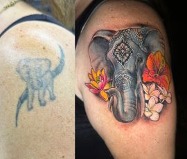 Éléphant et fleurs en couleur sur l'épaule, recouvrement