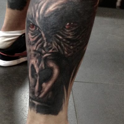 Hibou en noir et gris sur le mollet