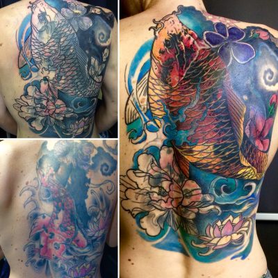 Dos complet, carpes koï et fleurs en couleur, plusieurs vues