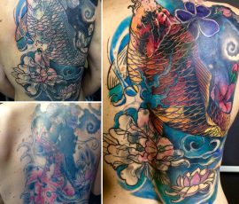 Dos complet, carpes koï et fleurs en couleur, plusieurs vues