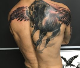 Aigle aux ailes déployées en noir et gris sur le haut du dos