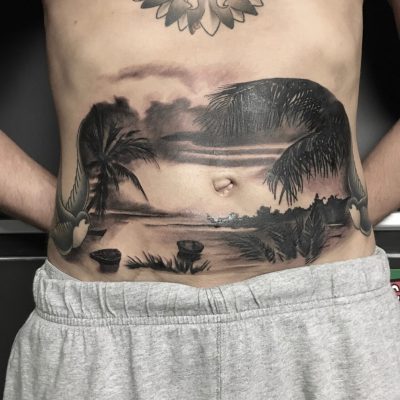 Paysage de plage et cocotiers en noir et gris sur le ventre