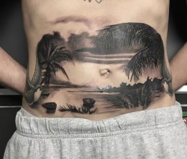 Paysage de plage et cocotiers en noir et gris sur le ventre