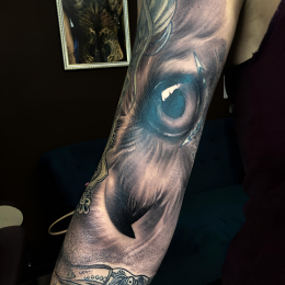 Manche réaliste en noir et gris, œil bleu